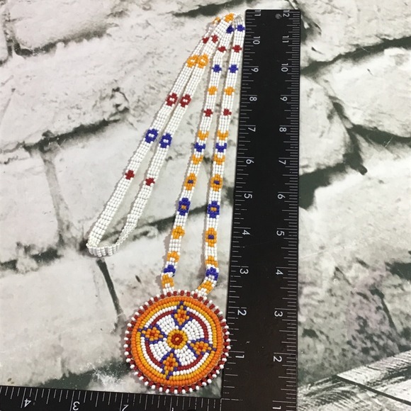 Beaded Necklace Long Drop Handmade Southwest Themed Round Beaded Pendant VTG - Picture 5 of 5